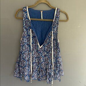 Free People Blue and White Asymmetrical Tank Top